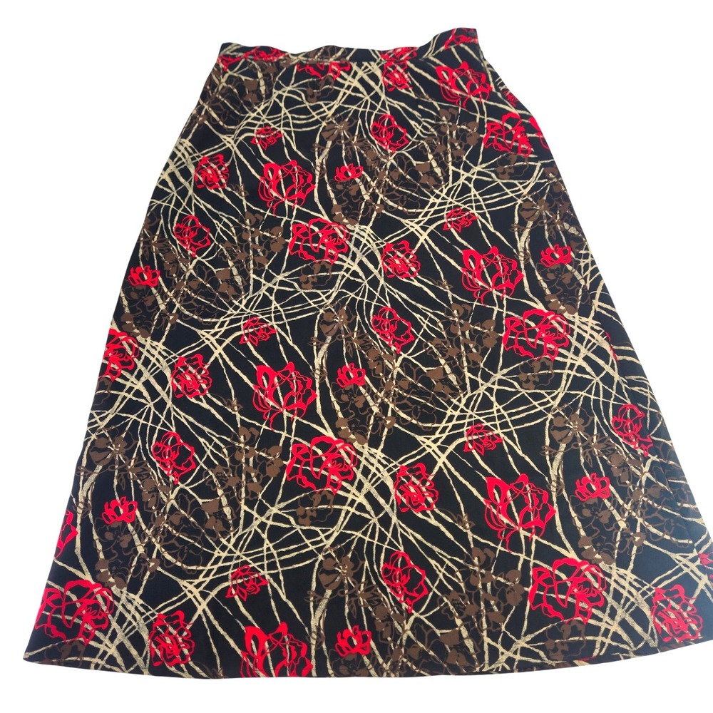 Vtg SAG HARBOR PETITE Maxi Skirt Black‎ Red Cream Floral Elastic Zip Waist 12P
